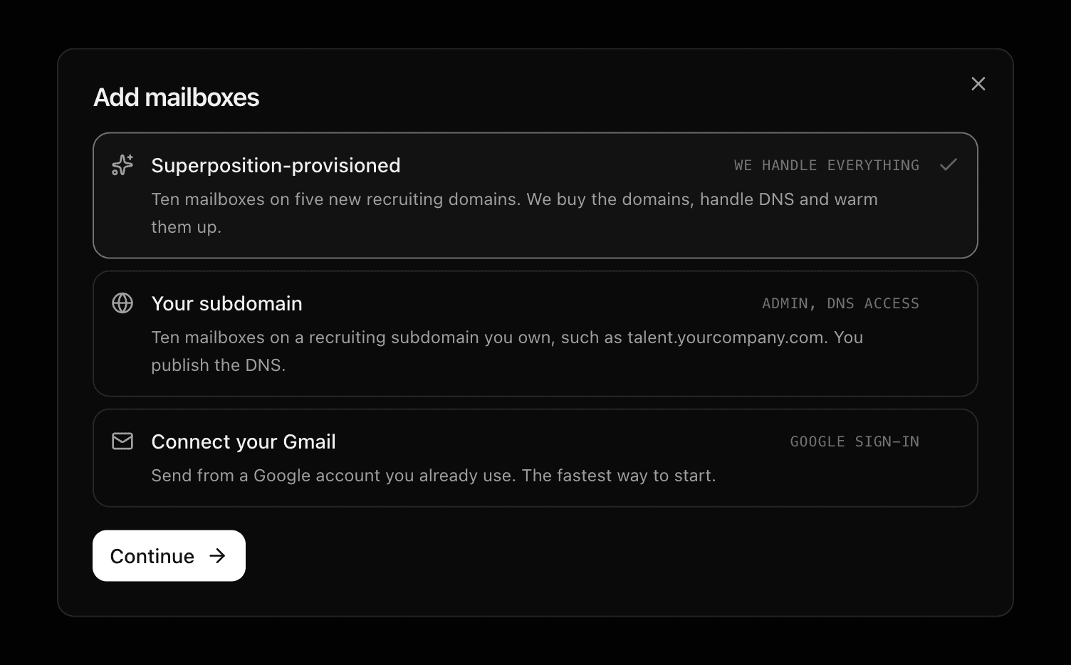 The Add mailboxes dialog with the three options.