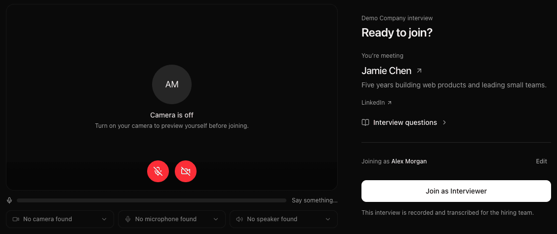 The interviewer pre-join screen pairs a device preview with the candidate's introduction and Join as Interviewer button.