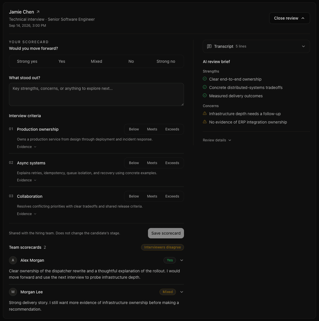An expanded past interview brings your scorecard, team feedback, transcript, and AI review brief together.