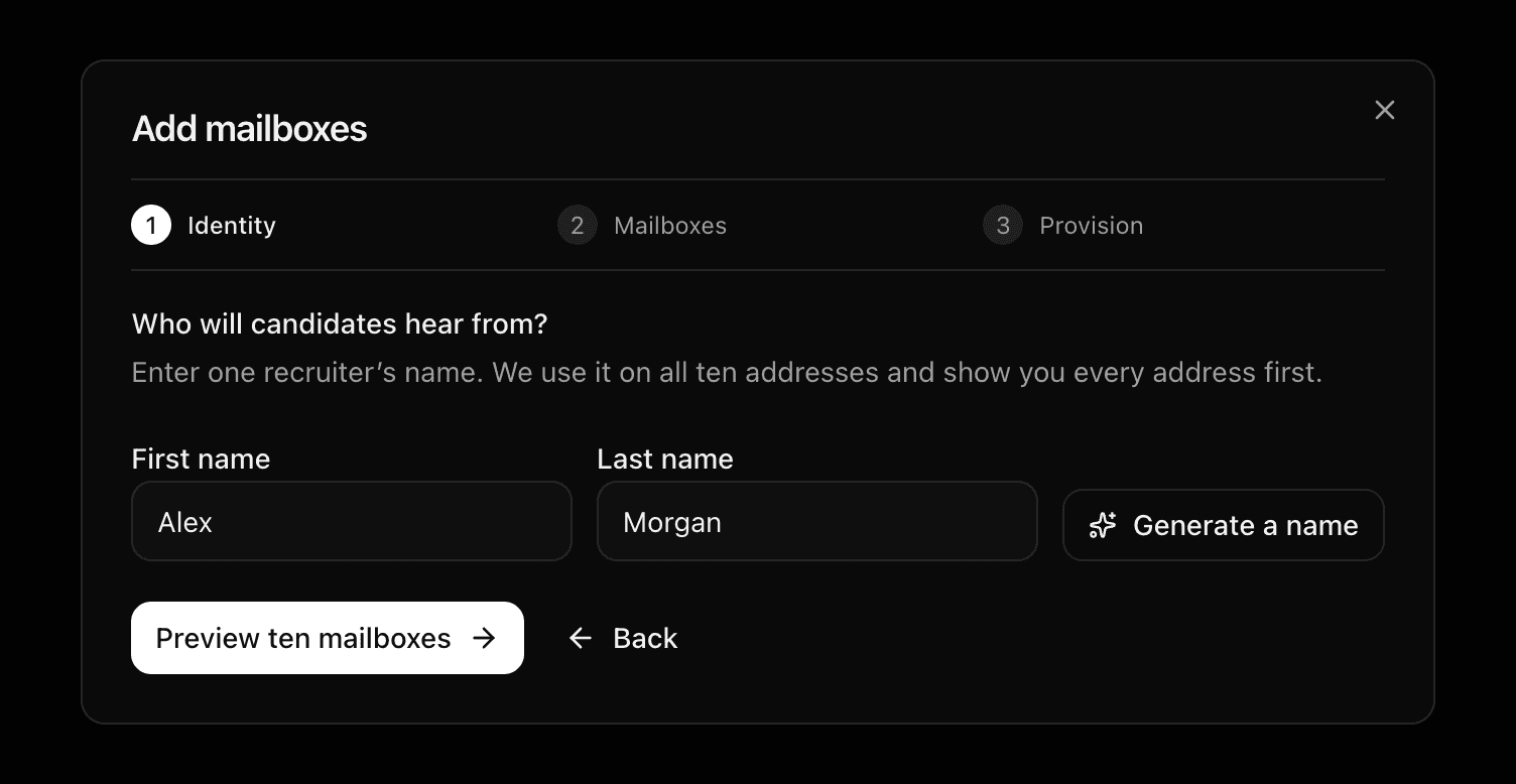 The identity step with the name fields and Generate a name.