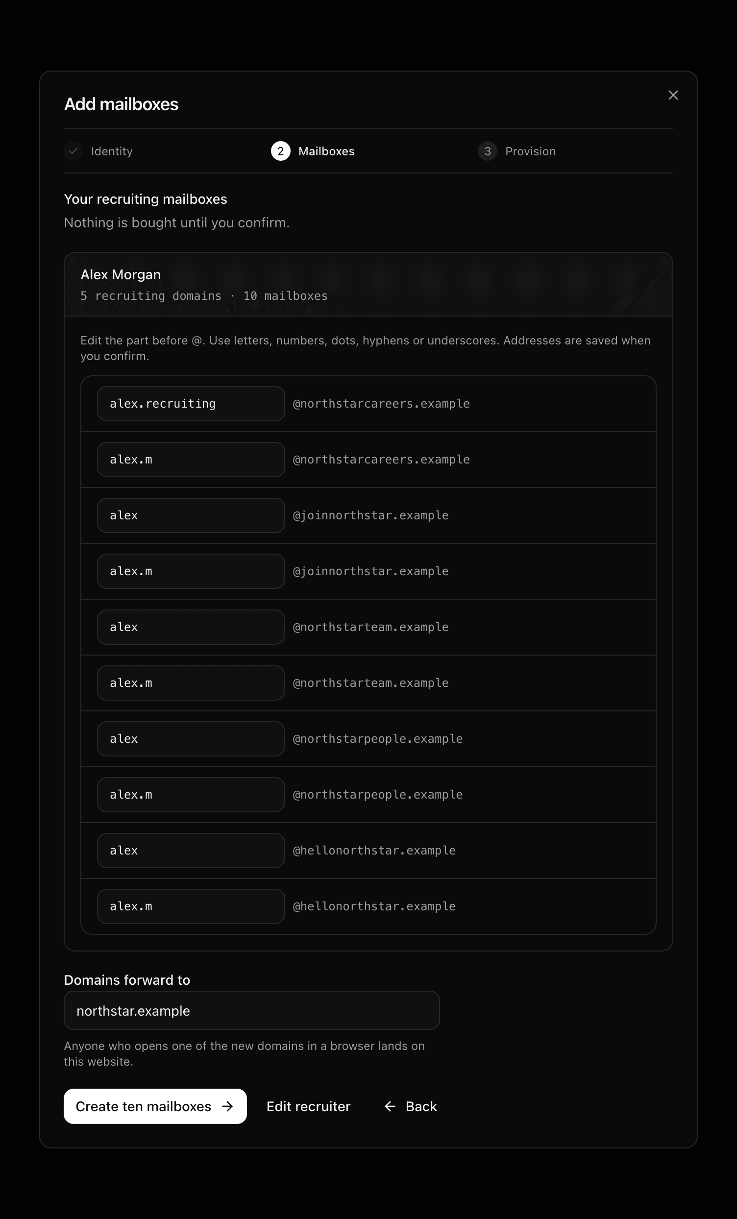 Dark-mode review showing editable mailbox handles, fixed domains and the forward-to field. The first handle is changed to alex.recruiting.