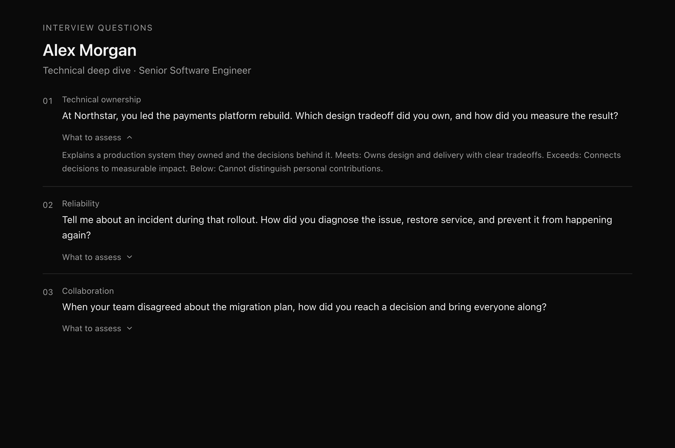 Prepared questions use the candidate's payments platform work to explore ownership, reliability, and collaboration.
