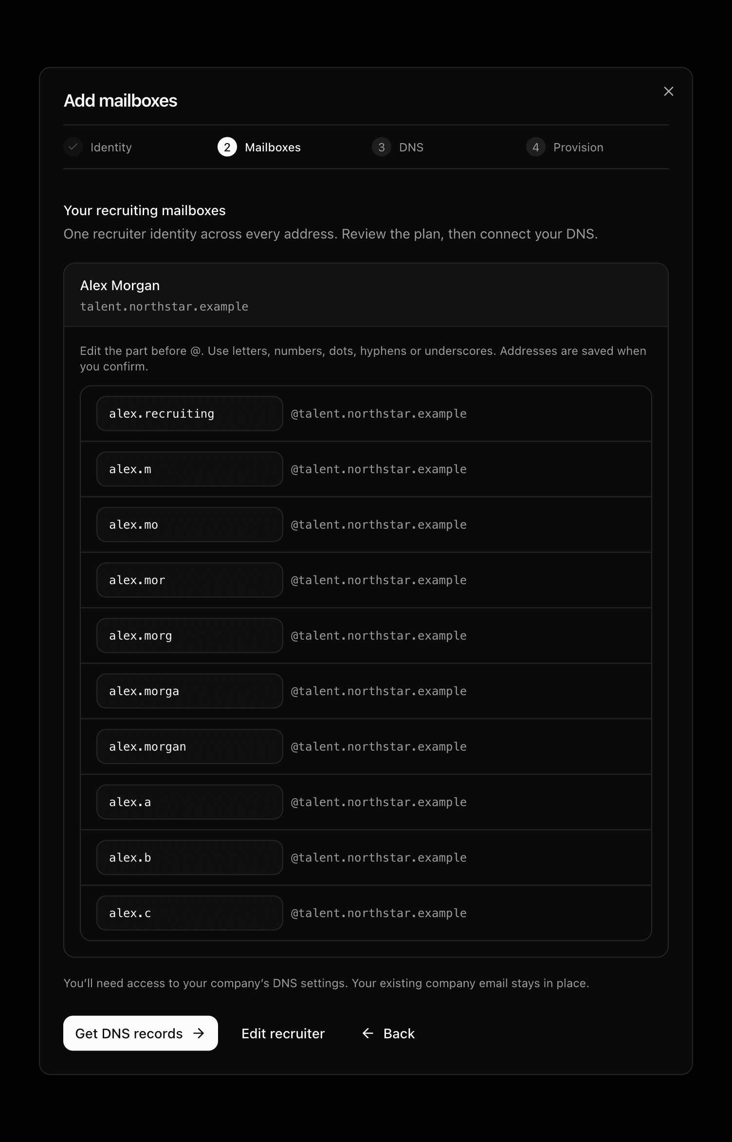 Dark-mode subdomain review showing ten editable handles beside the fixed domain, with alex.recruiting entered in the first row.