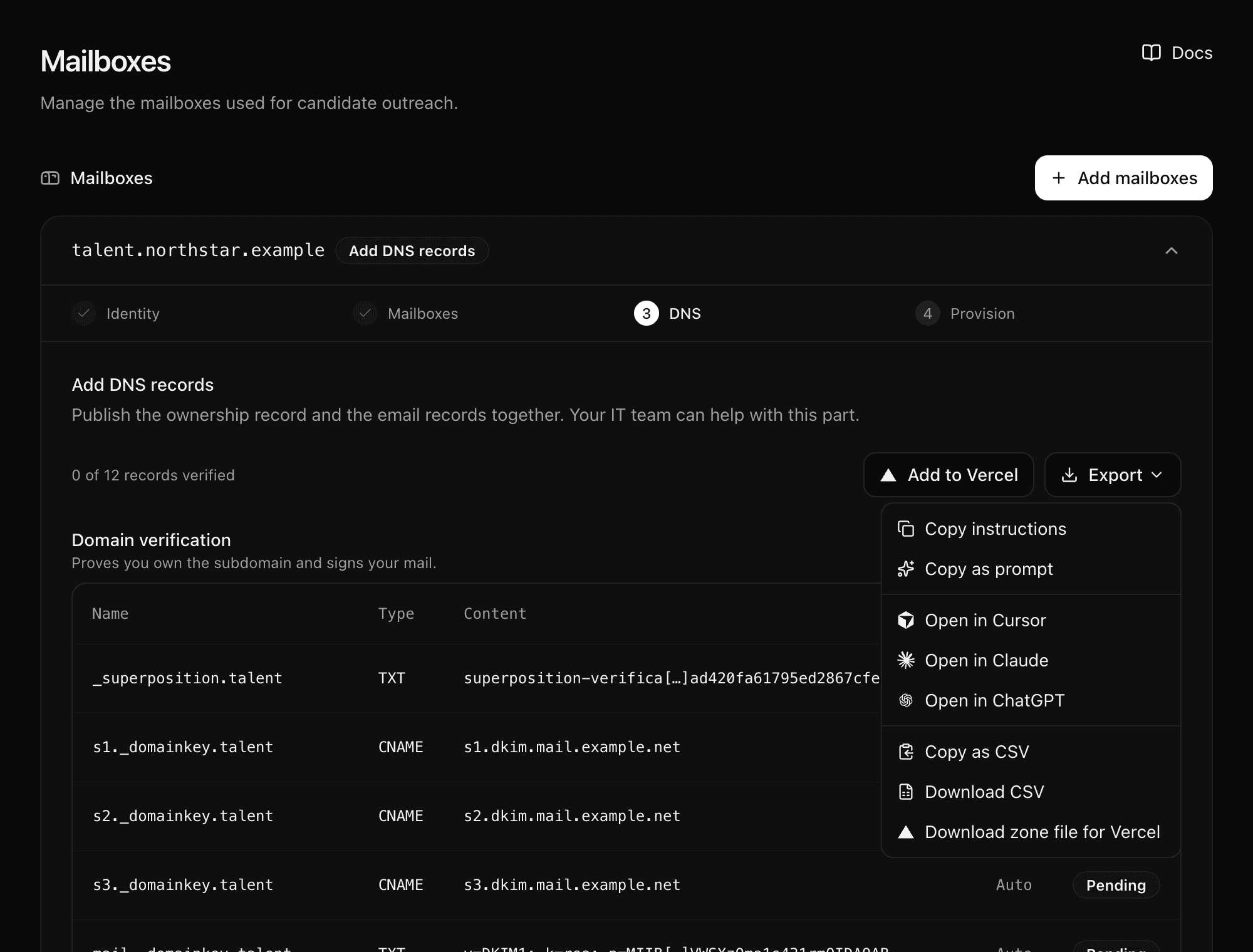 The Export menu on the DNS step.