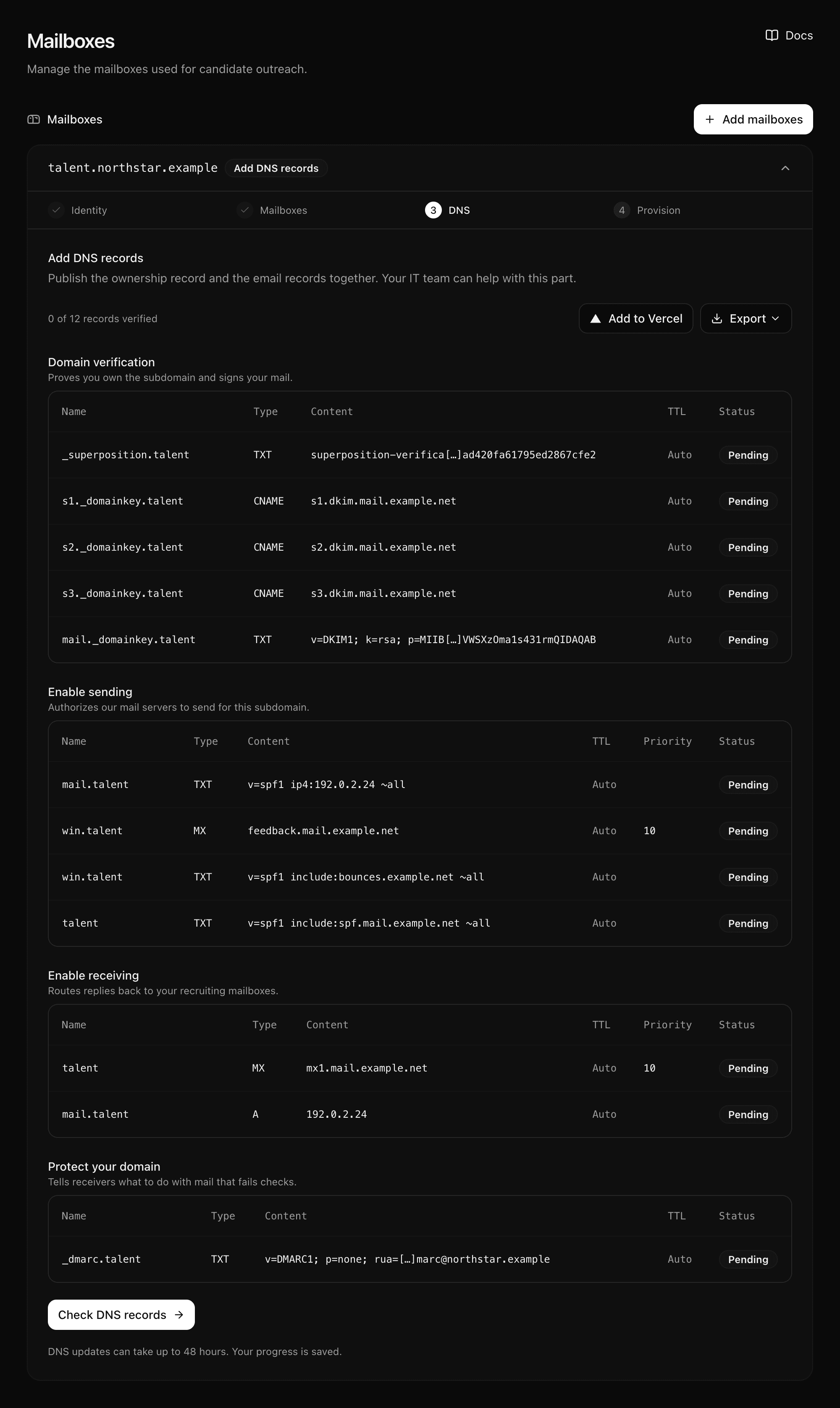 The DNS step with grouped records and the Export menu.