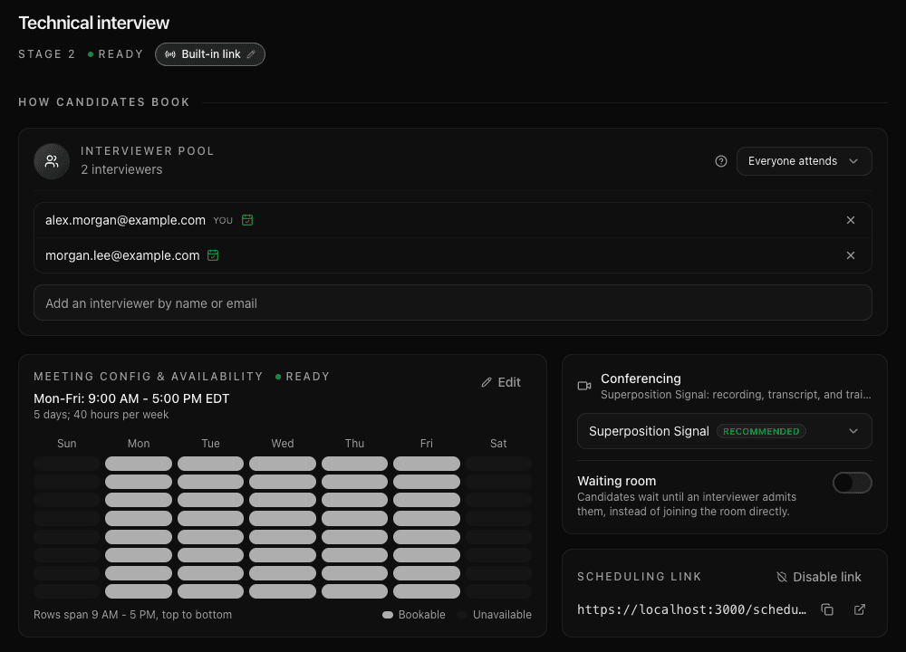 Stage setup shows the interviewer pool, shared availability, conferencing choice, and booking link.