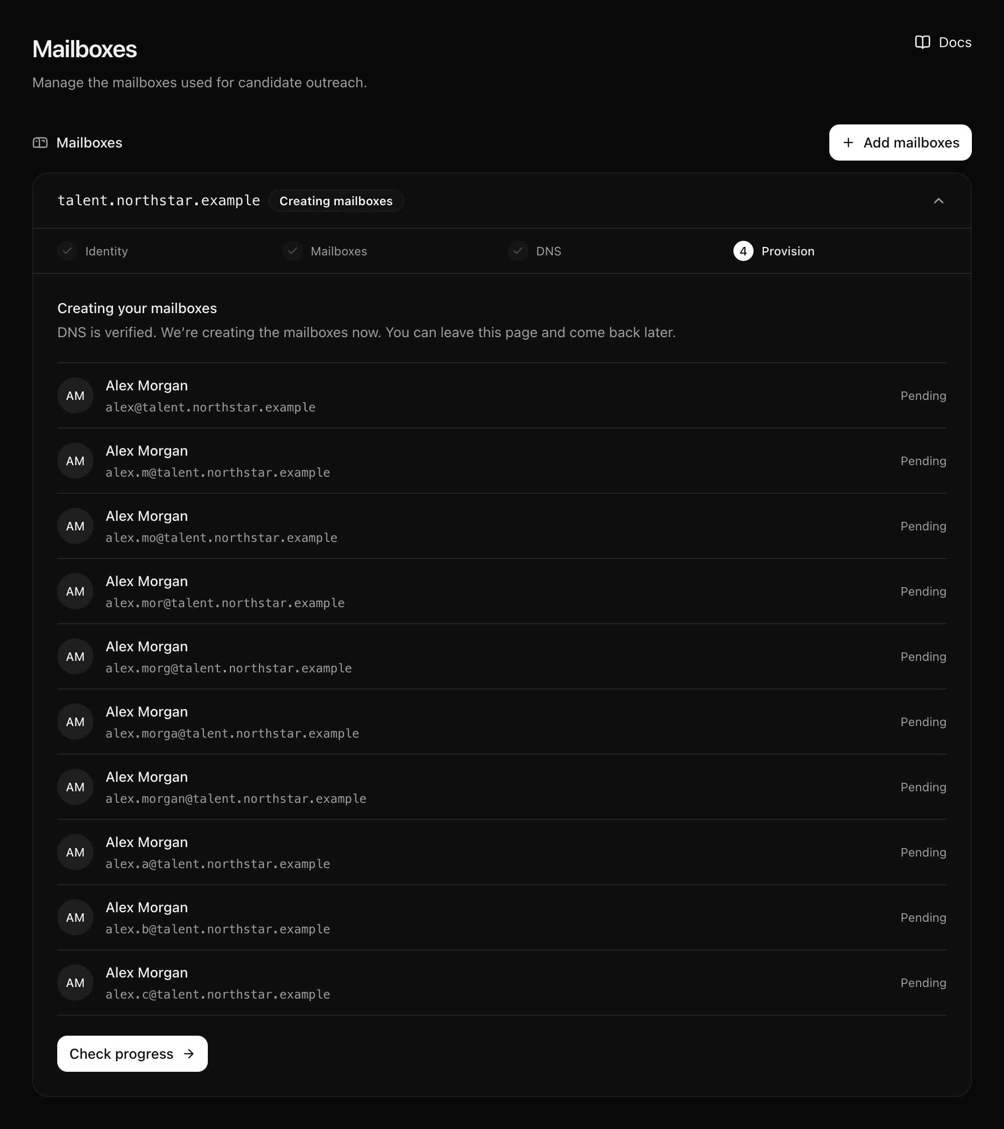 A subdomain setup creating its mailboxes.