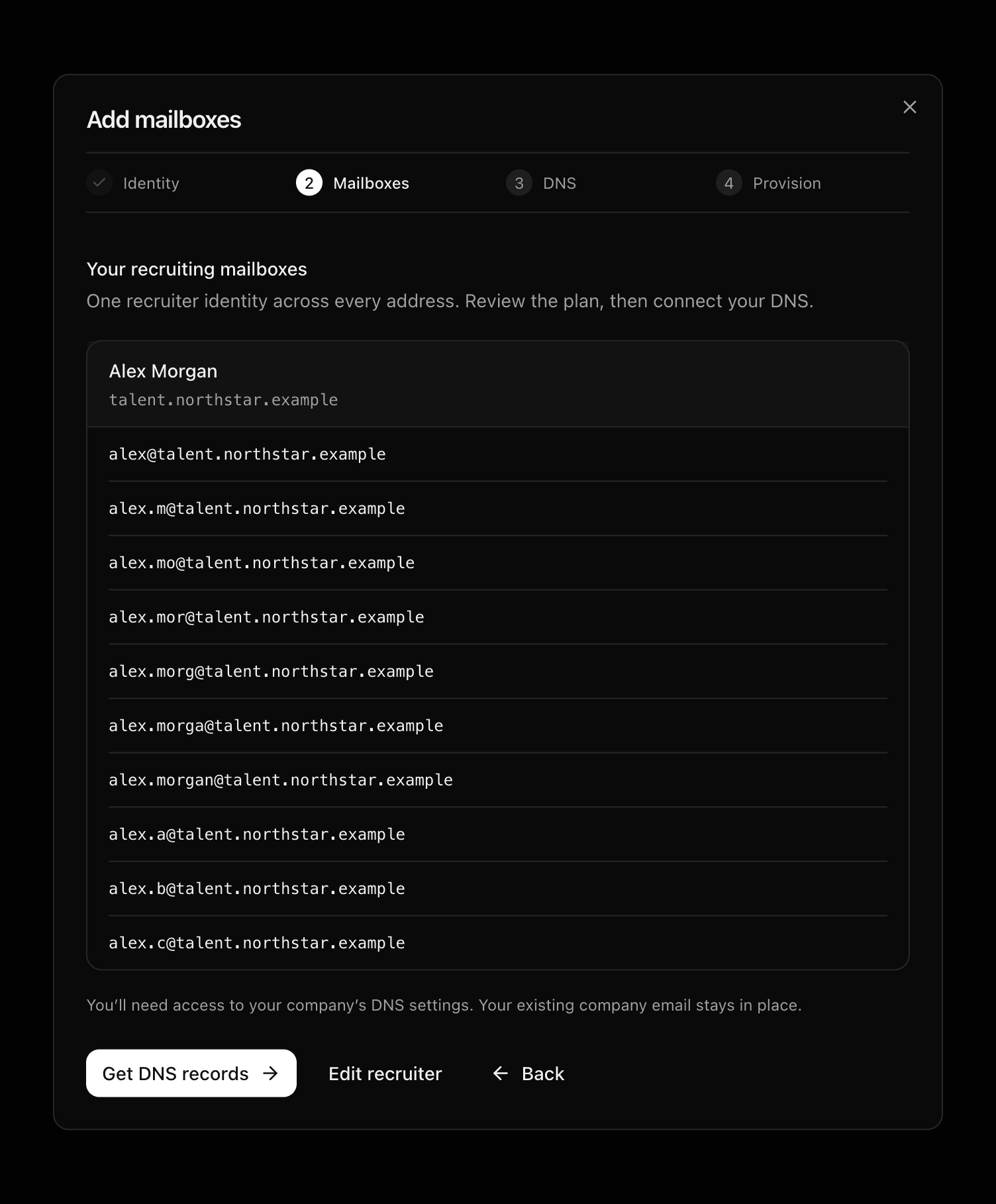 The review step with the subdomain and ten addresses.